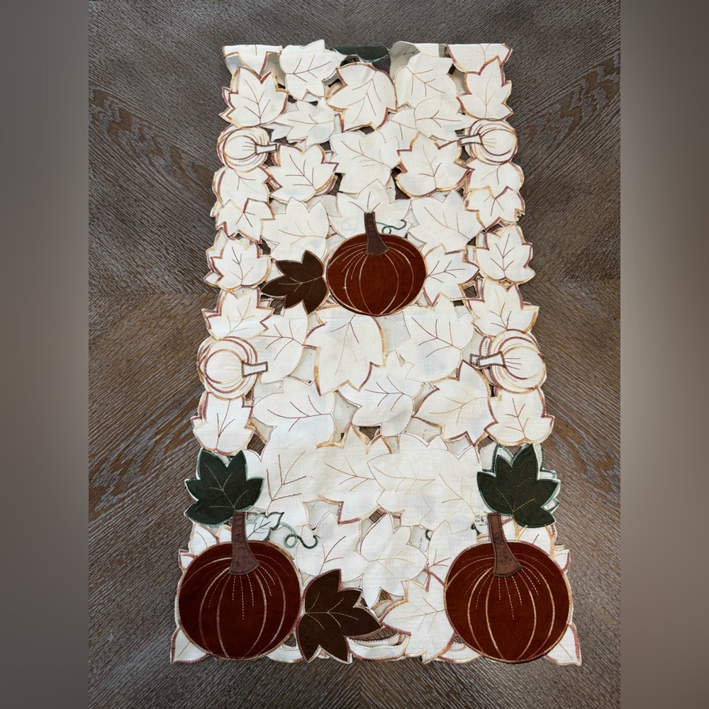 Sam Hedaya Fall Pumpkin Beige/Brown Embroidered Cut Out TABLE RUNNER  54”X 13.5”